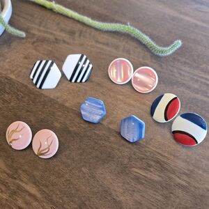Vintage 80s 90s Colorful Geometric Earrings 5 Sets Round And Hexagon Shapes